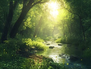 Naklejka premium Lush Green Forest Landscape with Sunbeams Filtering Through the Canopy and Serene River Flowing Through the Center