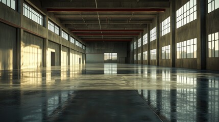 Note: Double-check for any unintended reflections or shadows that might disrupt the perception of an empty warehouse. The focus should be on the vast, clear interior.