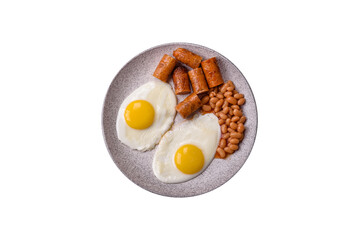 Full English breakfast with boiled eggs, beans, sausages, tomatoes