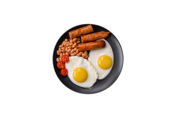 Full English breakfast with boiled eggs, beans, sausages, tomatoes