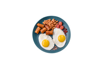 Full English breakfast with boiled eggs, beans, sausages, tomatoes