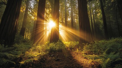 Fototapeta premium Golden rays pierce through verdant canopies, casting an ethereal glow upon the forest floor. The warm embrace of the sun kisses leaves, illuminating hidden wonders amidst the towering trees. 