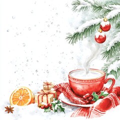 New Year card, blank, template, background, banner, invitation, fir tree branches, cup of hot tea, gifts, on white background with free space for text , watercolor illustration
