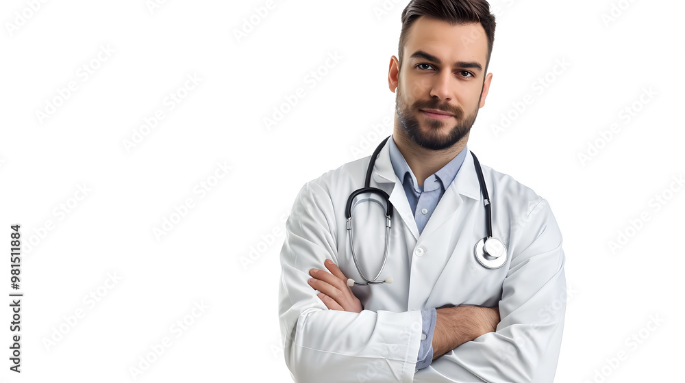 Wall mural portrait of a handsome doctor standing with crossed arms, isolated