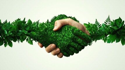 A symbolic handshake made of green leaves representing sustainability, cooperation, and environmental partnership.