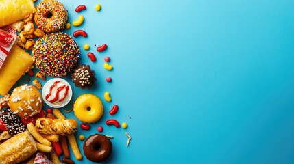 A vibrant array of assorted snacks and desserts, featuring donuts, candies, and pastries on a bright blue backdrop.