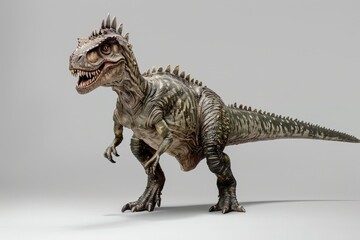 Fototapeta premium Aggressive Theropod dinosaur in a standing posture on a neutral background. Realistic 3D dinosaur illustration.