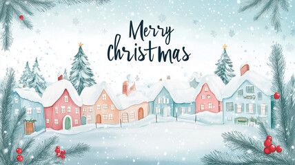 Fototapeta premium Vintage Christmas and New Year illustration. cozy winter village, text 