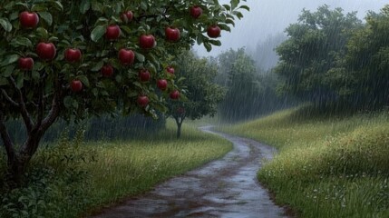 Heavy rain pours along a winding path through an apple orchard, framed by verdant grass and stunning green mountains in southern China, vibrant apples decorate the branches