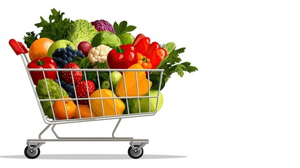 A vibrant shopping cart filled with fresh fruits and vegetables, symbolizing healthy eating and grocery shopping.