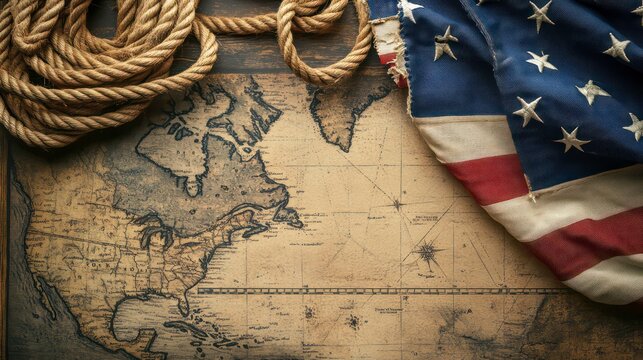 An old nautical map of North America with a frayed American flag and thick rope on top.