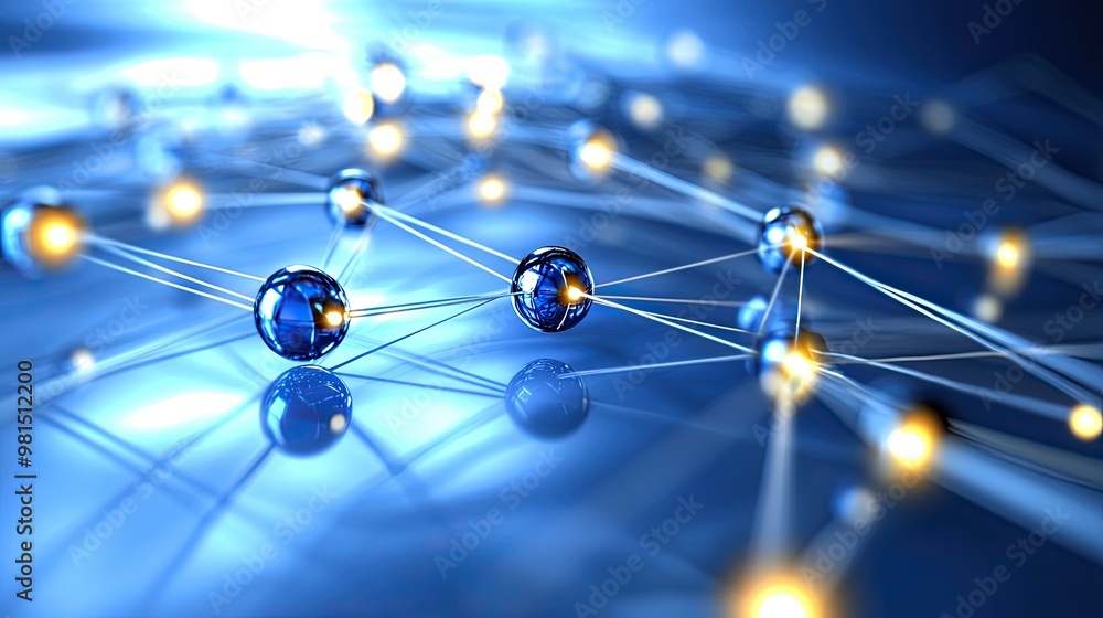 Poster abstract network connection with glowing nodes and lines, representing technology, data, and communi