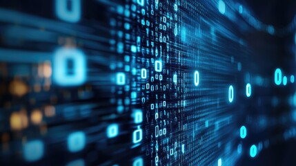 Fototapeta premium Abstract image of glowing binary code flowing in a digital landscape, symbolizing technology and data processing.
