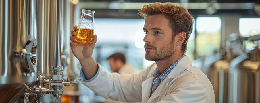 Scientist analyzing beer quality in laboratory, wearing lab coat, in modern brewery setting with stainless steel equipment.