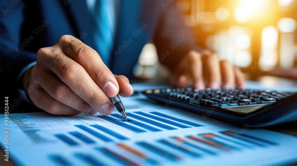 Poster businessman analyzing financial data with a calculator and pen, focusing on charts and graphs for st