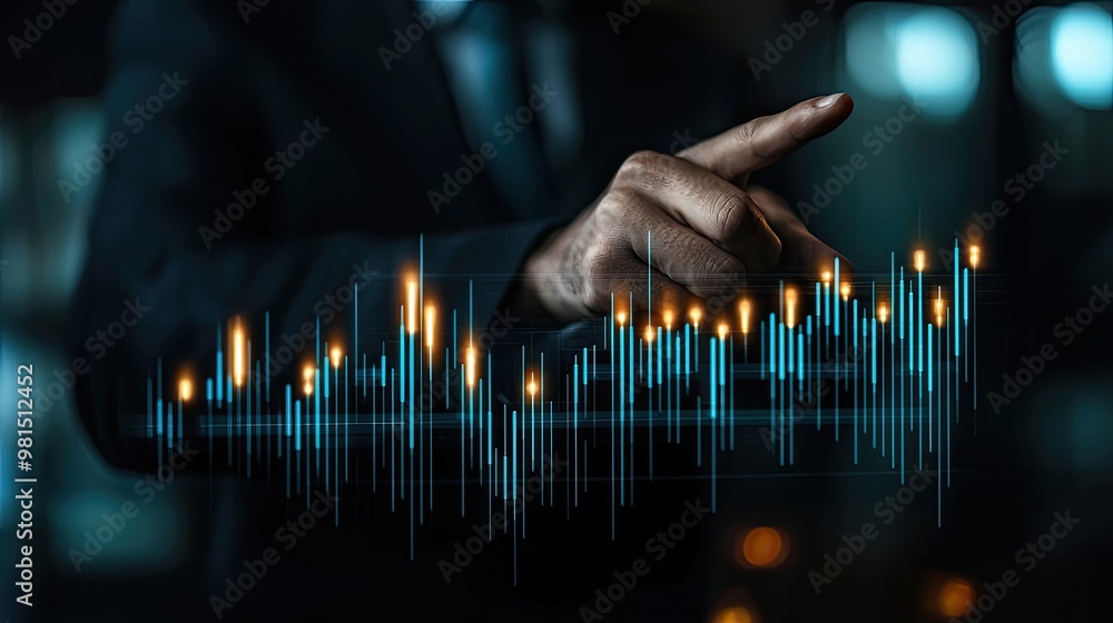 Poster businessman analyzing market trends with a digital graph interface, showcasing data-driven decision-