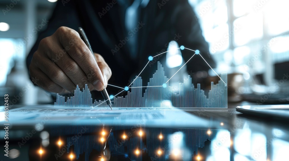 Poster business professional analyzing data trends with digital graphs in a modern workspace. focus on fina