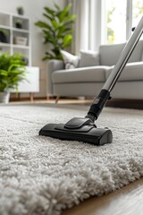Efficient and modern living room cleaning of plush carpets using a vacuum for an elegant yet comfortable space