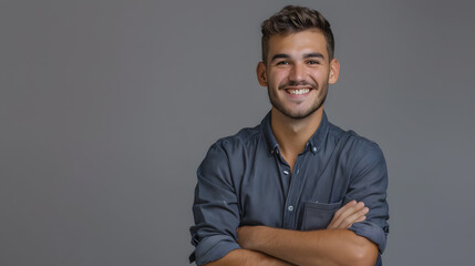 Obraz premium Portrait of a handsome smiling young man with folded arms. Smiling joyful cheerful men with crossed hands in a studio shot. Isolated on a grey background.