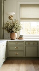 A charming kitchen features sage green cabinets and a white marble countertop, adorned with brass hardware and a vase of flowers, radiating warmth and inviting atmosphere