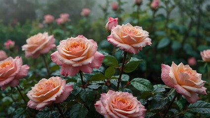 Pink roses blooming in a misty garden.