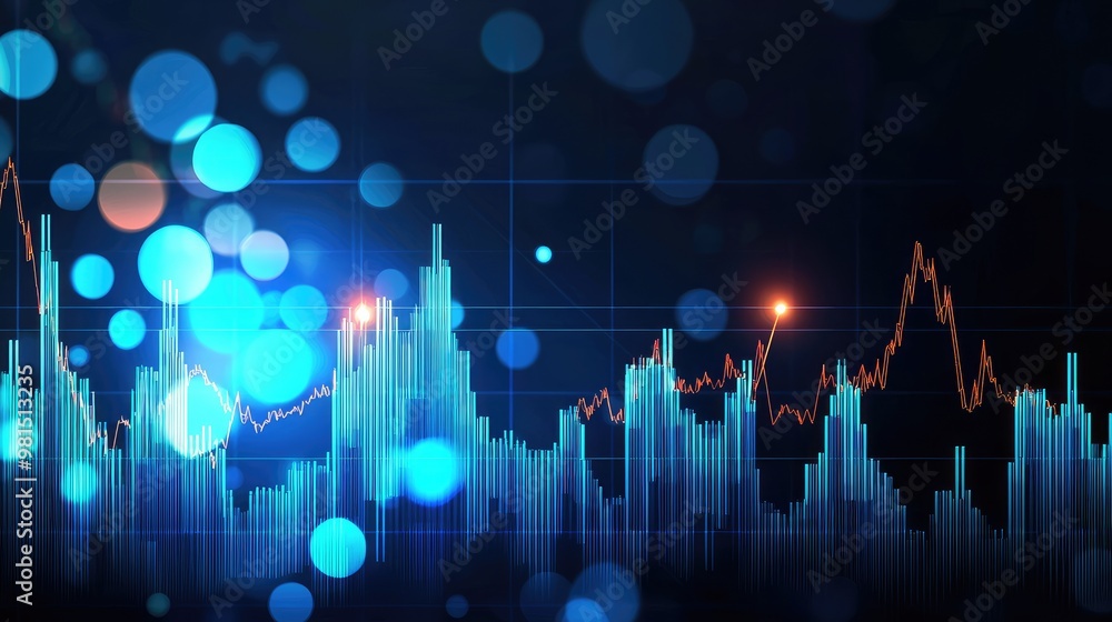 Poster dynamic data visualization featuring a graph with vibrant blue bokeh effects and glowing peaks, illu