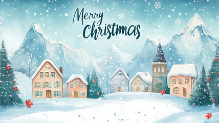 Fototapeta premium Vintage Christmas and New Year illustration. cozy winter village, text 