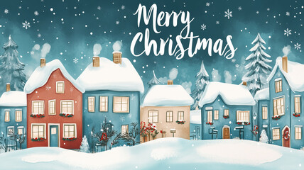 Fototapeta premium Vintage Christmas and New Year illustration. cozy winter village, text 