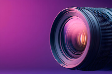 Camera Lens with Dramatic Purple Background | Sleek Photography Equipment and Artistic Visual Aesthetics