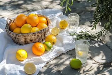 picnic scene with lemons limes and oranges