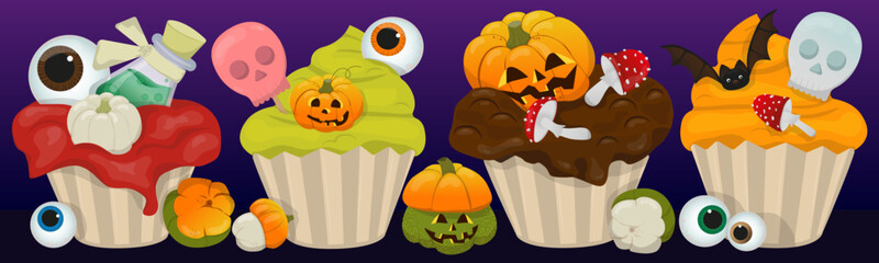 Collection of Halloween treats. Cupcakes decorated with skulls, pumpkin, bat. Colorful vector illustration halloween stripe