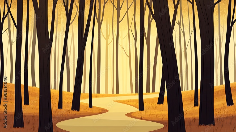 Poster a winding path leads through a dense forest, sunlight filtering through the trees.