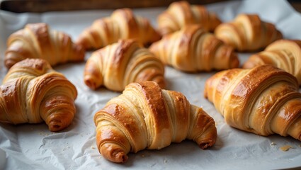 Freshly baked golden croissants on a rustic tray