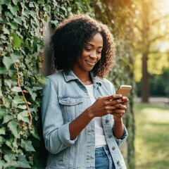 A woman scrolls through her phone with a serene smile while leaning against an ivy-covered wall in a park, surrounded by dappled sunlight and a peaceful atmosphere.
