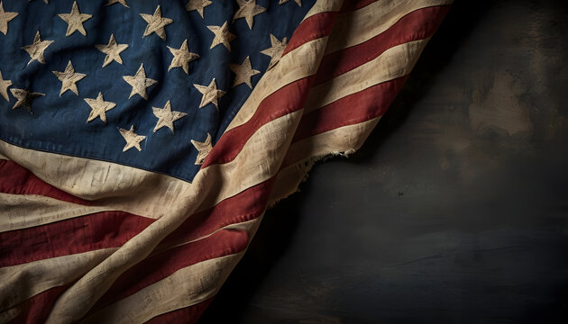 Vintage American flag weathered fabric  stars and stripes dark slate chalkboard rustic patriotic border nostalgic Americana blank space for text Memorial Day concept Fourth of July bg