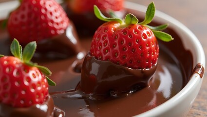 Fresh strawberries dipped in rich glossy chocolate coating