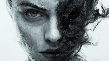 black and white abstract portrait representing destructive mind