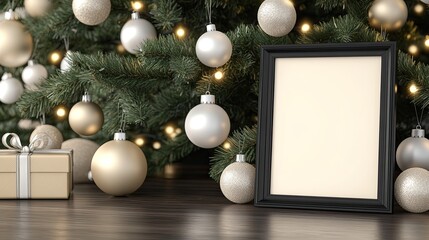 A warm, inviting holiday setting features an empty vertical frame next to a beautifully adorned Christmas tree and a gift box in the background, creating a festive ambiance