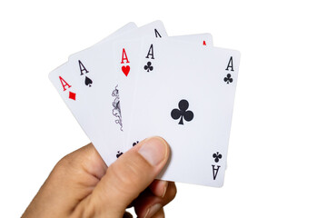 Hands holding ace of spades cards.