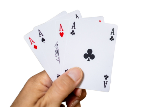 Hands holding ace of spades cards.