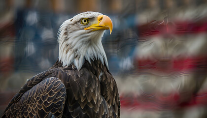 Obraz premium A majestic bald eagle with the american flag in the background symbolizes national pride and patriotism