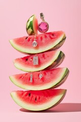 stack of watermelon slices with various earrings