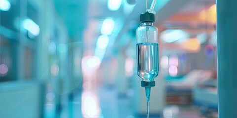 Close up medical intravenous IV drip in hospital background