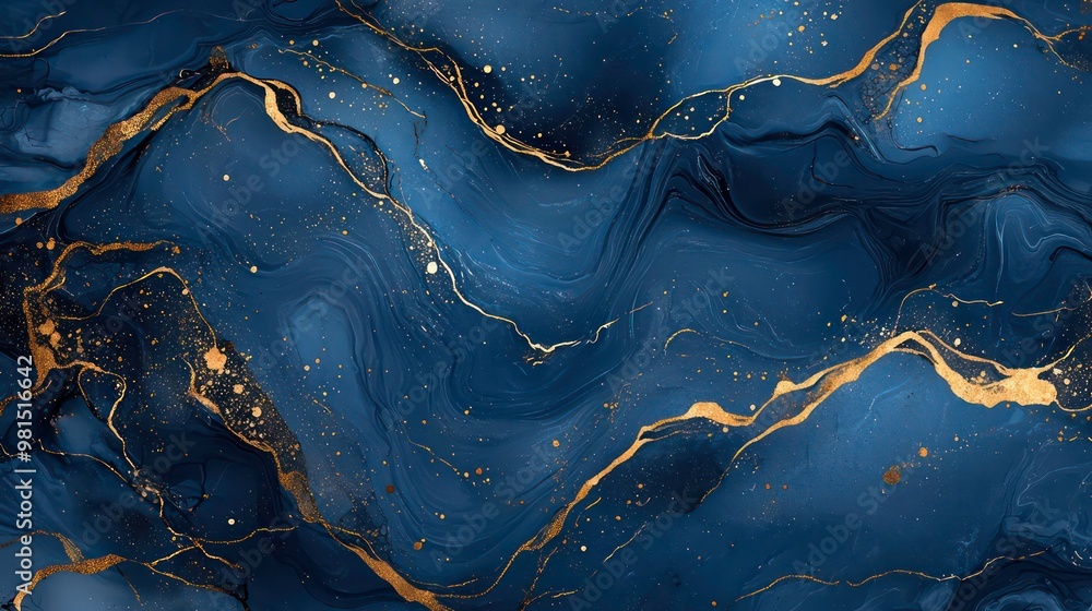 Sticker Abstract navy blue and gold marbling pattern with flowing lines, speckles, and glitter.