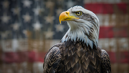 Naklejka premium A majestic bald eagle with the american flag in the background symbolizes national pride and patriotism