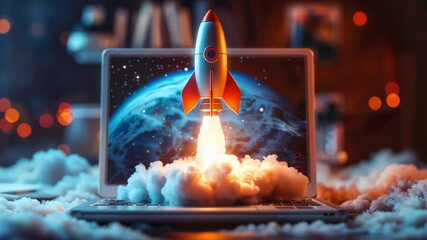 Red toy rocket taking off from an open laptop upwards, symbolizing the development and growth of a new business startup's product