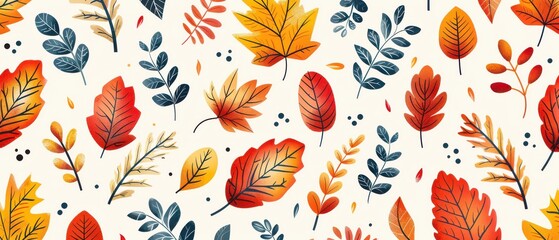 Seamless pattern of colorful autumn leaves and branches, perfect for seasonal designs and backgrounds.
