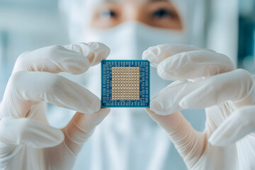 Engineer in White Protective Suit Holding Semiconductor Component | Advanced Technology and Precision Manufacturing