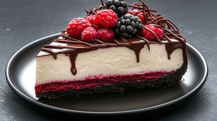 This delightful slice of creamy cheesecake is adorned with glossy chocolate and fresh berries, showcasing a striking contrast against the black plate, perfect for dessert lovers