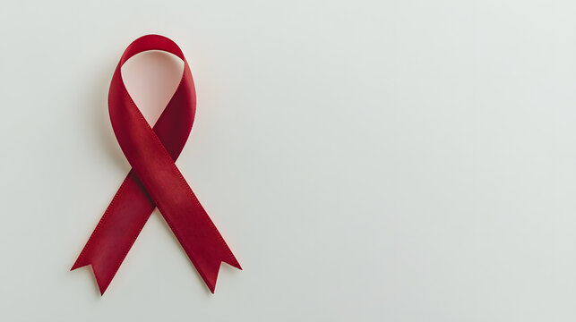 Concept of World AIDS Day | Red Ribbon Pin on White Background Symbolizing HIV Awareness and Support